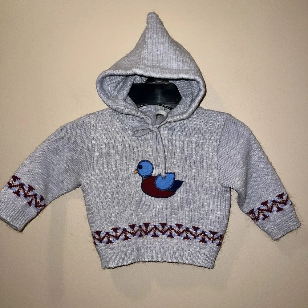 Vintage 80s Health-Tex Duck Sweater Soft Cotton Hooded Sweater Back Zip Applique
